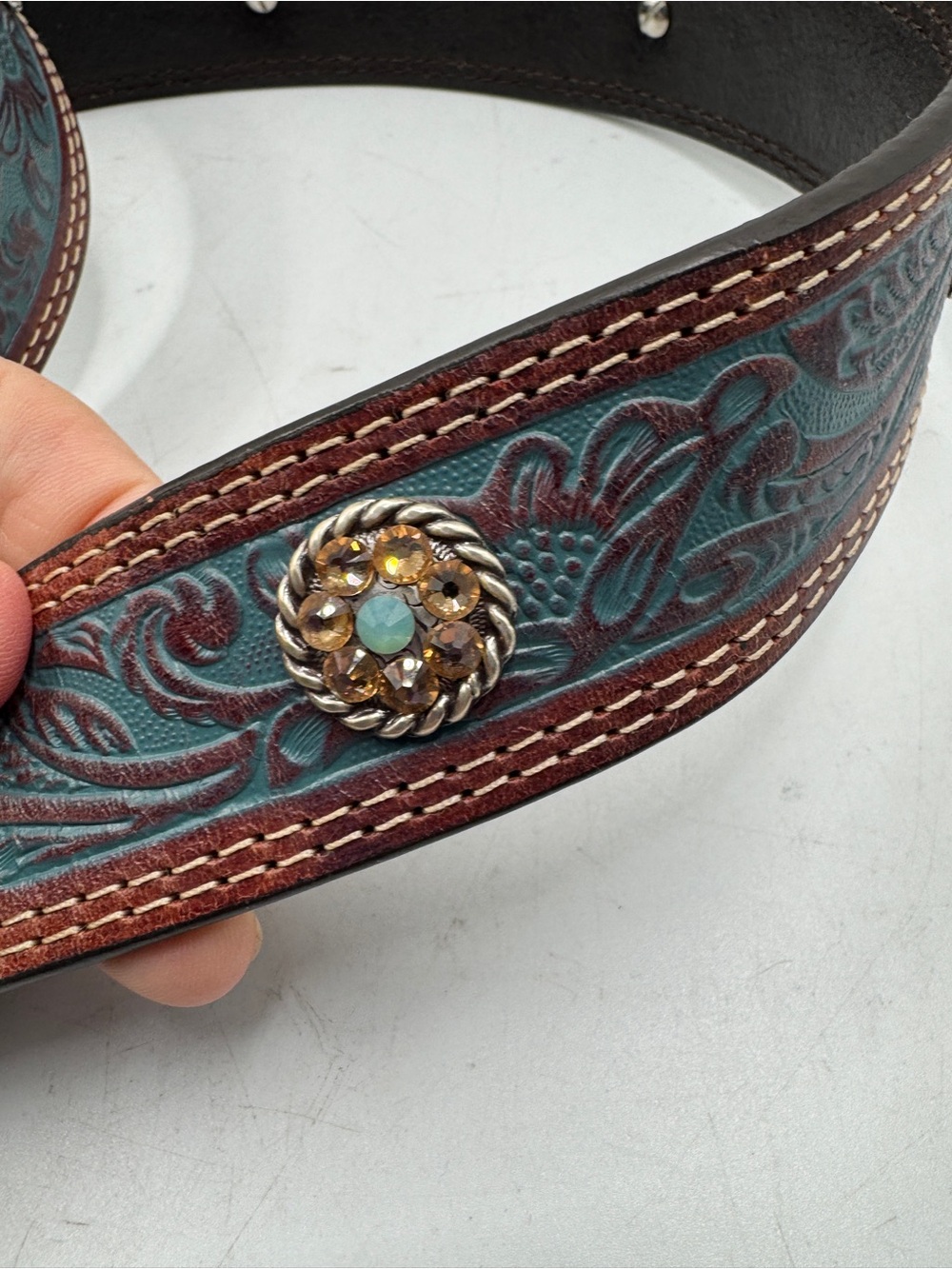 Tooled Leather Western Belt with Ornate Sparkle Floral Buckle - Teal & Brown XL - Picture 7 of 12